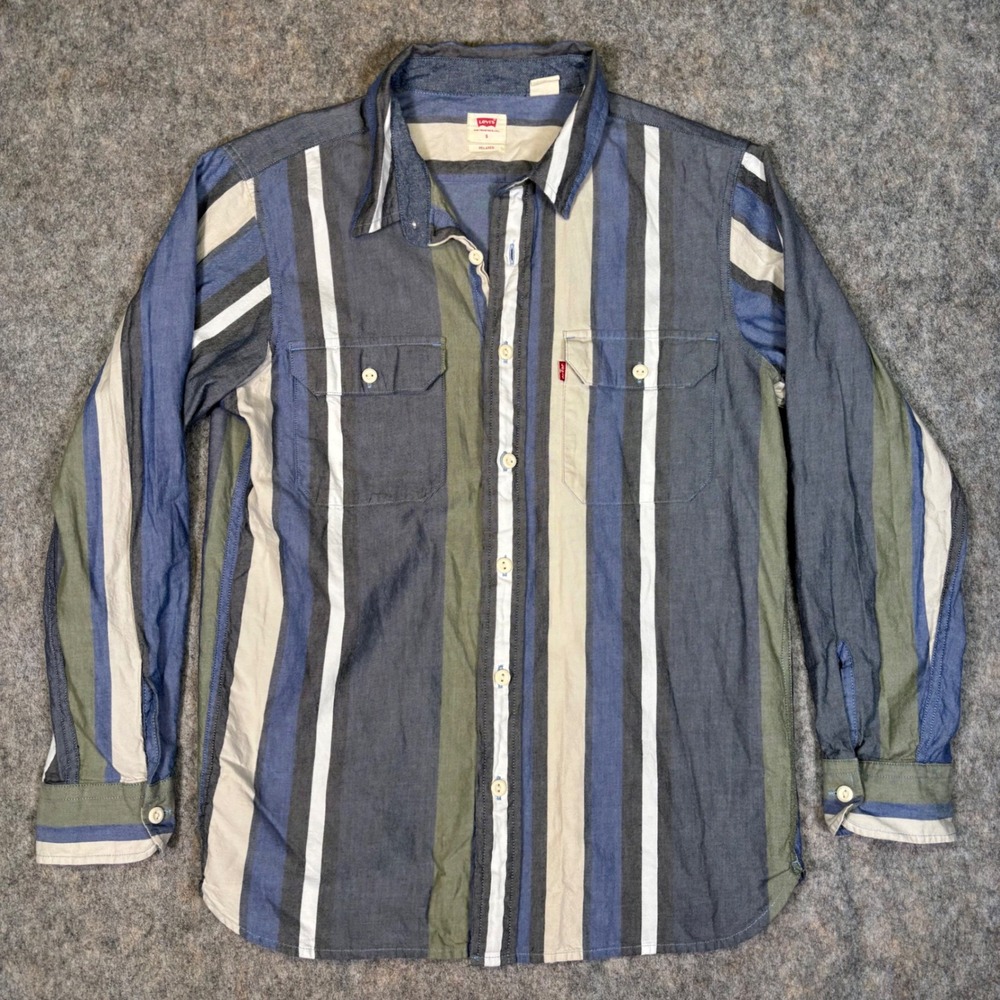 Levi's Brushpopper Striped Button Up Shirt Mens S Blue Green Relaxed Fit Cotton